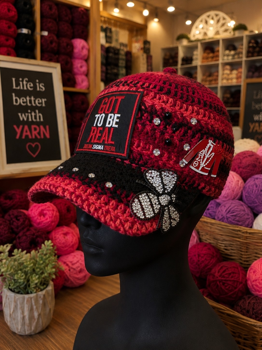 Red & Black Crochet Cap with Rhinestones